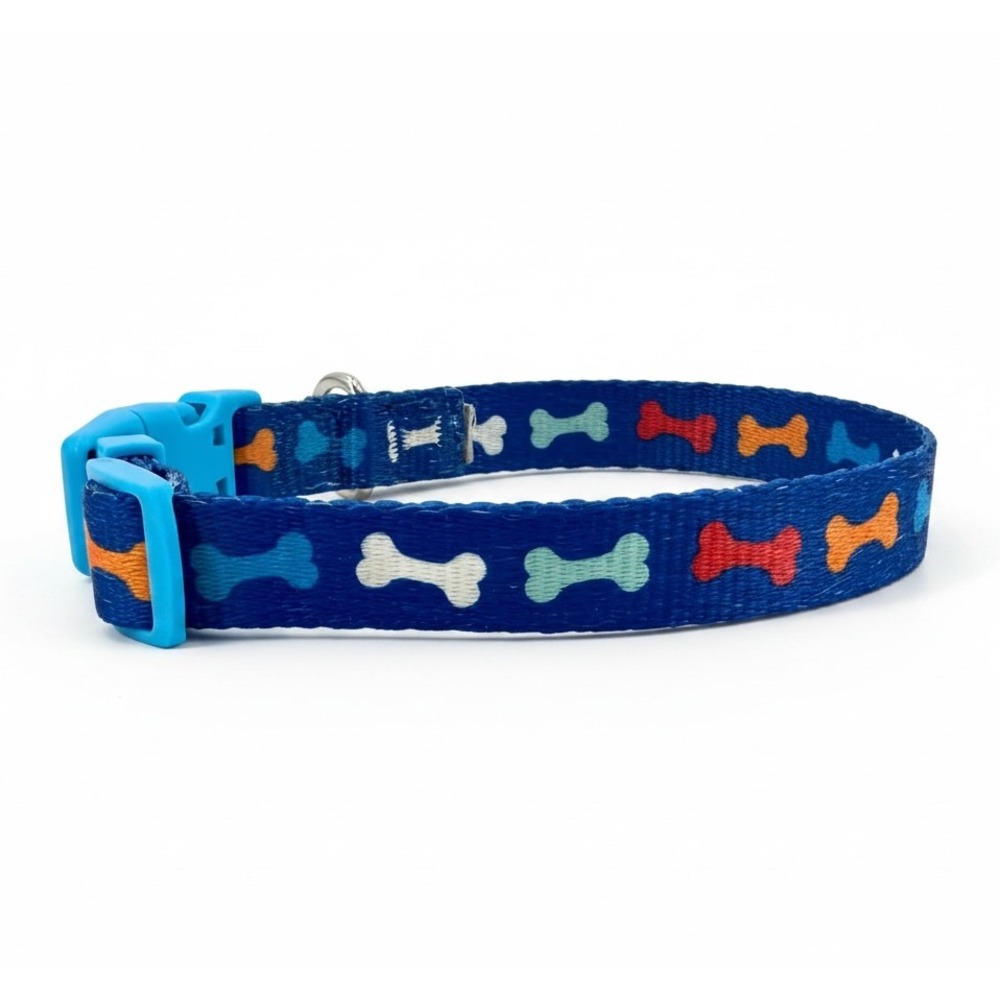 Blue Bone Print Dog Collar Adjustable 15" Small Dog Nylon Durable